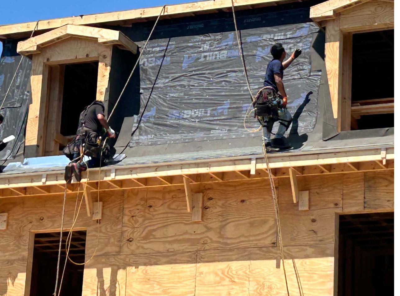 Structural framing with safety-equipped workers on residential build